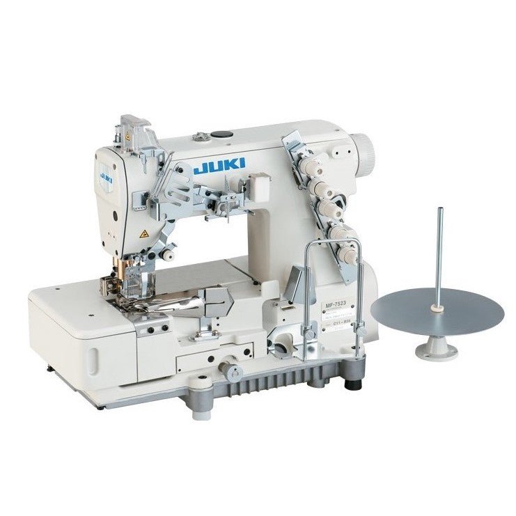 JUKI MF-7523C11 - Máquina de coser industrial de 3 agujas con puntada de recubrimiento plana para encuadernación, con mesa y servomotor incluidos