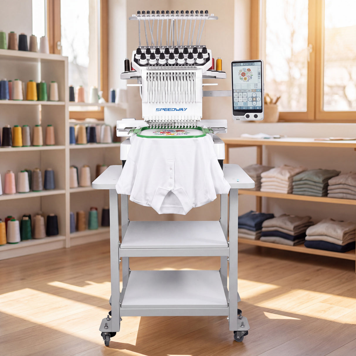 SPEEDWAY® BF-1500 – 15-Needle Computerized Embroidery Machine – Complete Setup, Table & Stand Included