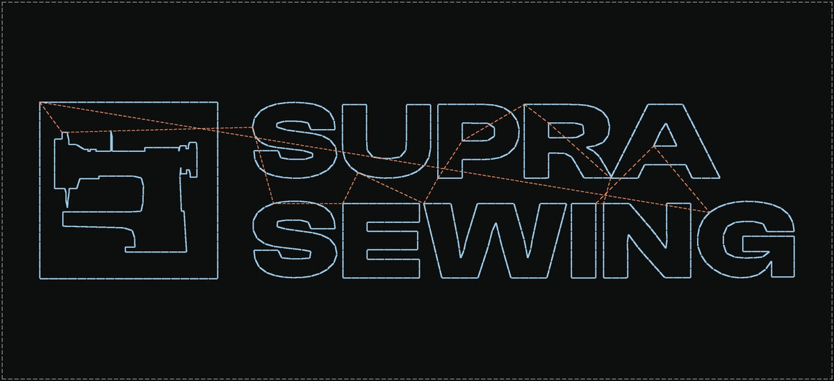 Supra Sewing logo stitch pattern, 200 × 47 mm, fits the 220 × 100 mm field of the JACK JK-T2210