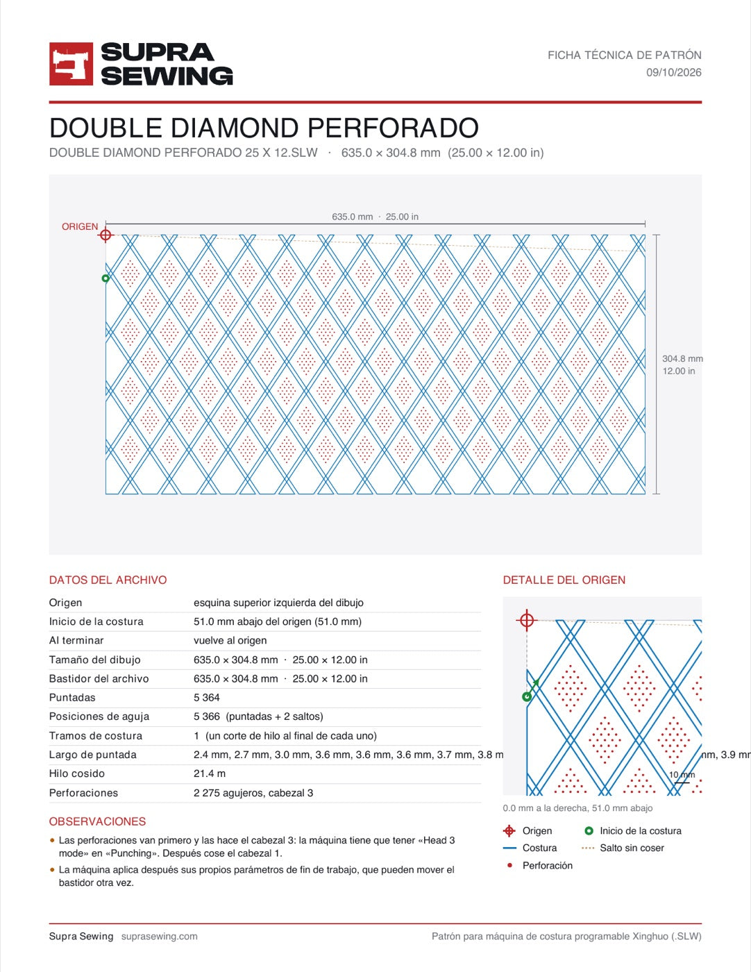 Supra Sewing pattern data sheet delivered with every SLW file: origin, start point, size, stitches and thread