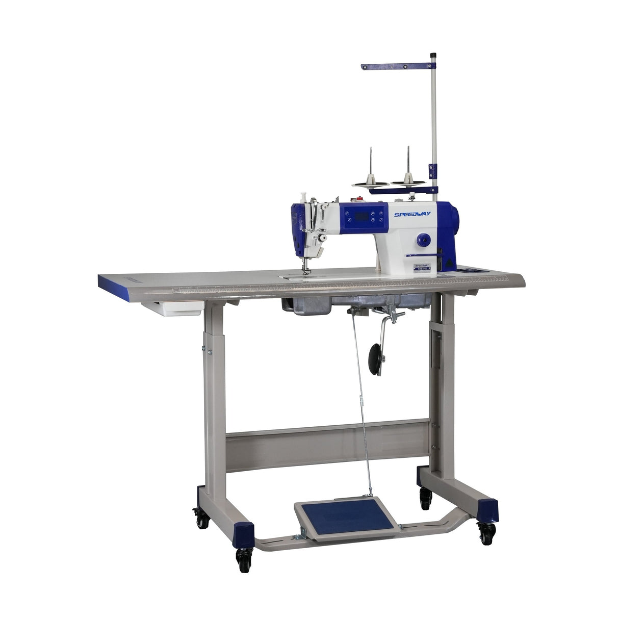 SPEEDWAY SW 8700 D — Máquina lockstitch industrial de una aguja con transmisión directa, ensamblada lista para usar con servomotor, mesa, base y ruedas