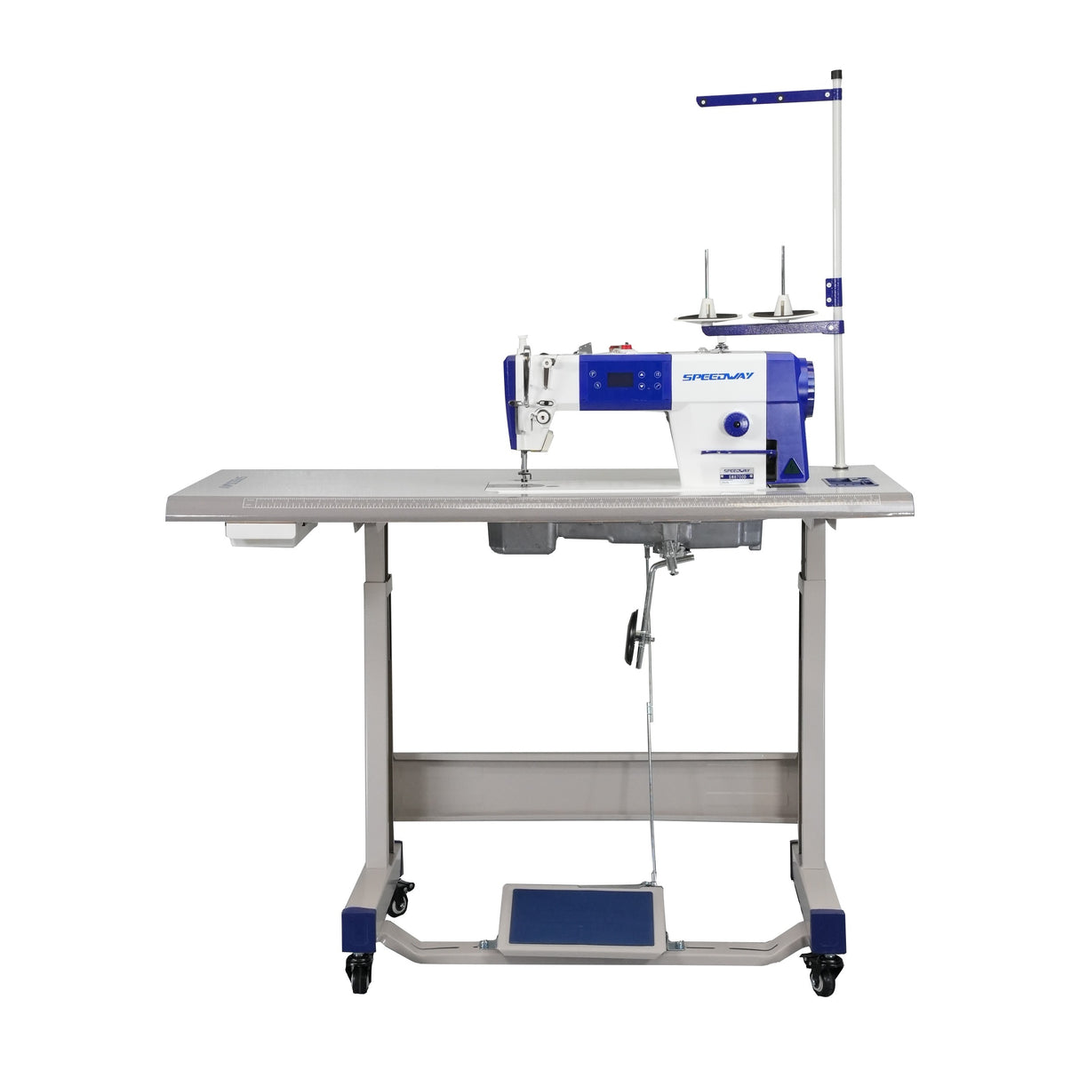 SPEEDWAY SW 8700 D — Máquina lockstitch industrial de una aguja con transmisión directa, ensamblada lista para usar con servomotor, mesa, base y ruedas