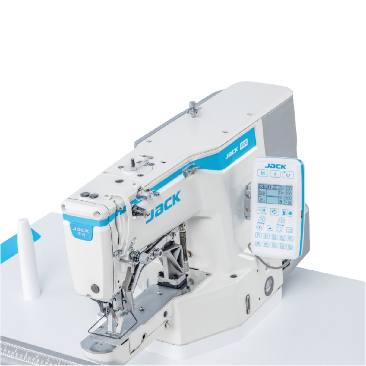 Supra Sewing Online, Llc Jack JK-T430G-02-Z/P direct drive electronic bar tacker sewing machine with digital display for heavy materials.