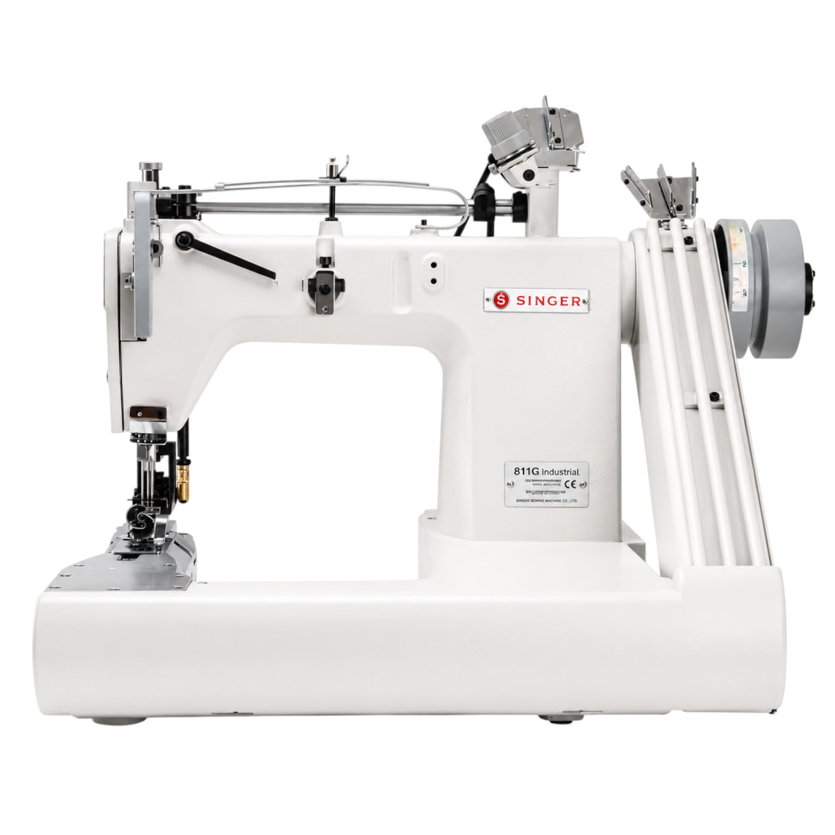 Supra Sewing Online, Llc SINGER 811C-264M-2PL white industrial sewing machine with two needles and top/bottom puller for lap seams.