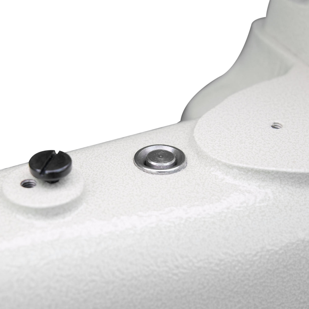 Supra Sewing Online, Llc Speedway SW 8B-2A industrial sewing machine detail, white textured finish with black screw and silver cap.