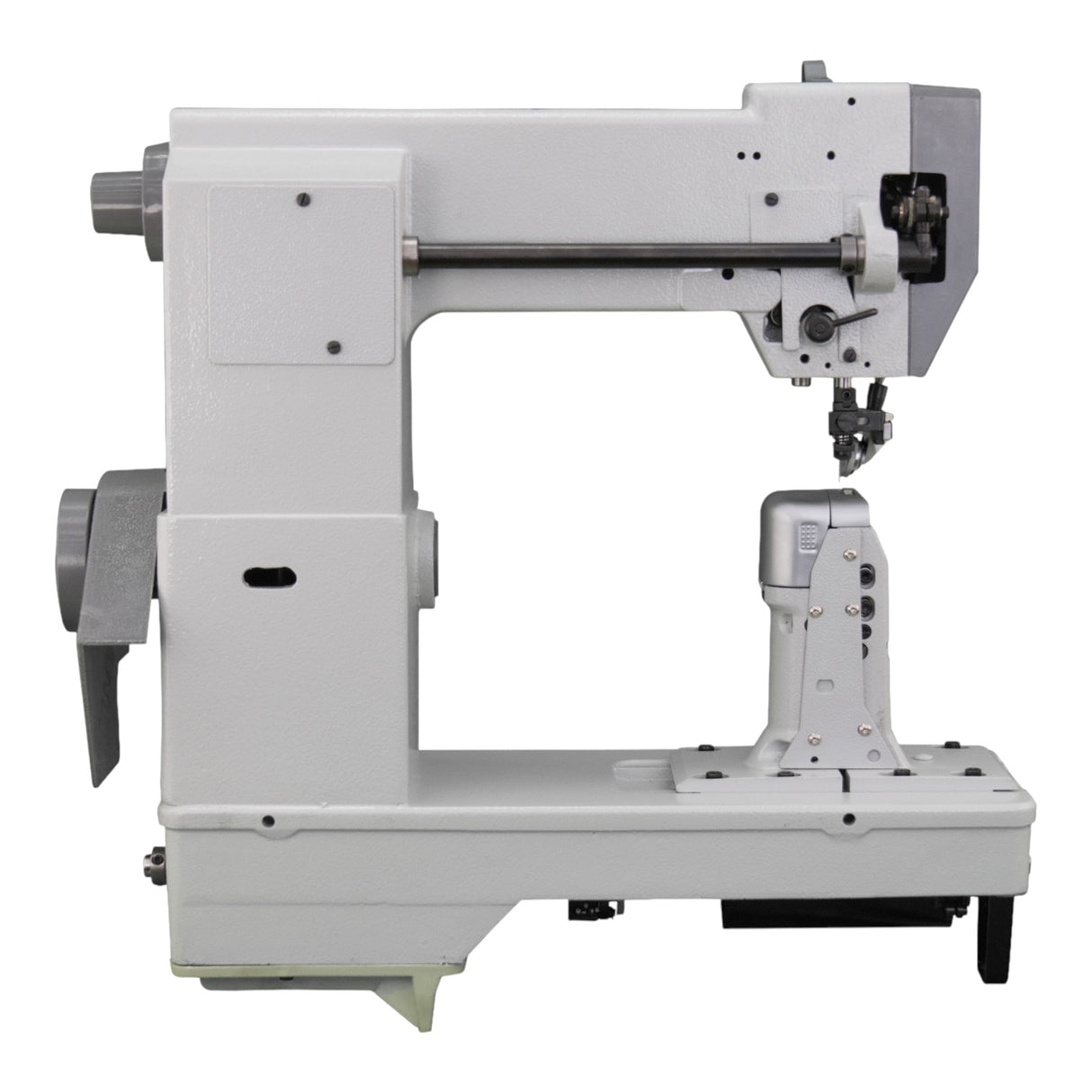 Supra Sewing Online, Llc Speedway SW 9910 industrial sewing machine with post bed, roller foot, and triple feed for leather, caps, and footwear.