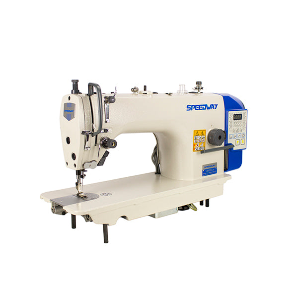 Máquina de coser industrial SPEEDWAY SW9000-D4 de una sola aguja con accionamiento directo, totalmente automática, con puntada de cadeneta y alimentación por caída, ensamblada con mesa y soporte incluidos