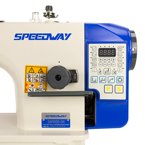 Máquina de coser industrial SPEEDWAY SW9000-D4 de una sola aguja con accionamiento directo, totalmente automática, con puntada de cadeneta y alimentación por caída, ensamblada con mesa y soporte incluidos