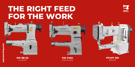 Speedway SW 8B-2A, SW 246A, and PFAFF 335 cylinder-bed machines on Supra red