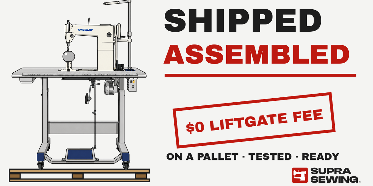 Illustration of an industrial sewing machine shipped assembled on a wooden pallet, with no liftgate fee