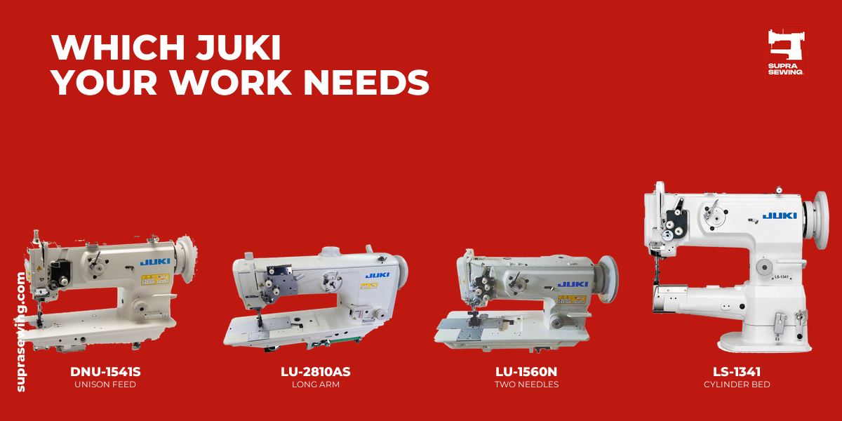 Four JUKI heavy-duty machines side by side: DNU-1541S unison feed, LU-2810AS long arm, LU-1560N two needle, LS-1341 cylinder bed.