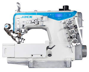 JACK W4S UT 01GB Máquina de coser industrial de puntada de cobertura plana de 3 agujas con cortahilos y elevador de pie, ensamblada con mesa y soporte incluidos 