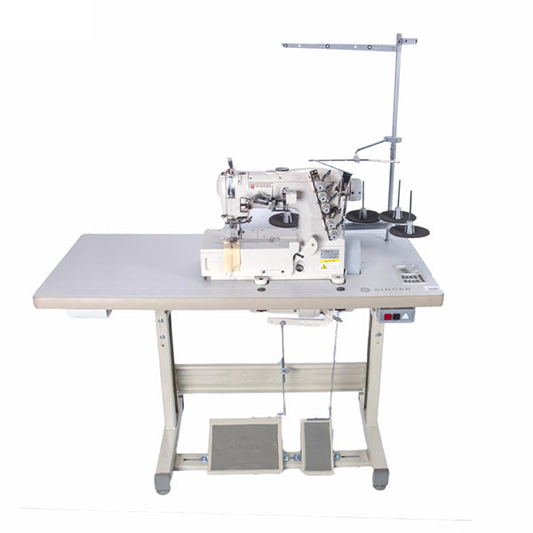 SINGER 523D-364-31-03 3 Needle Flatbed Coverstitch Industrial Sewing Machine Assembled with Servo Motor, Fully Submerged Table Setup Included