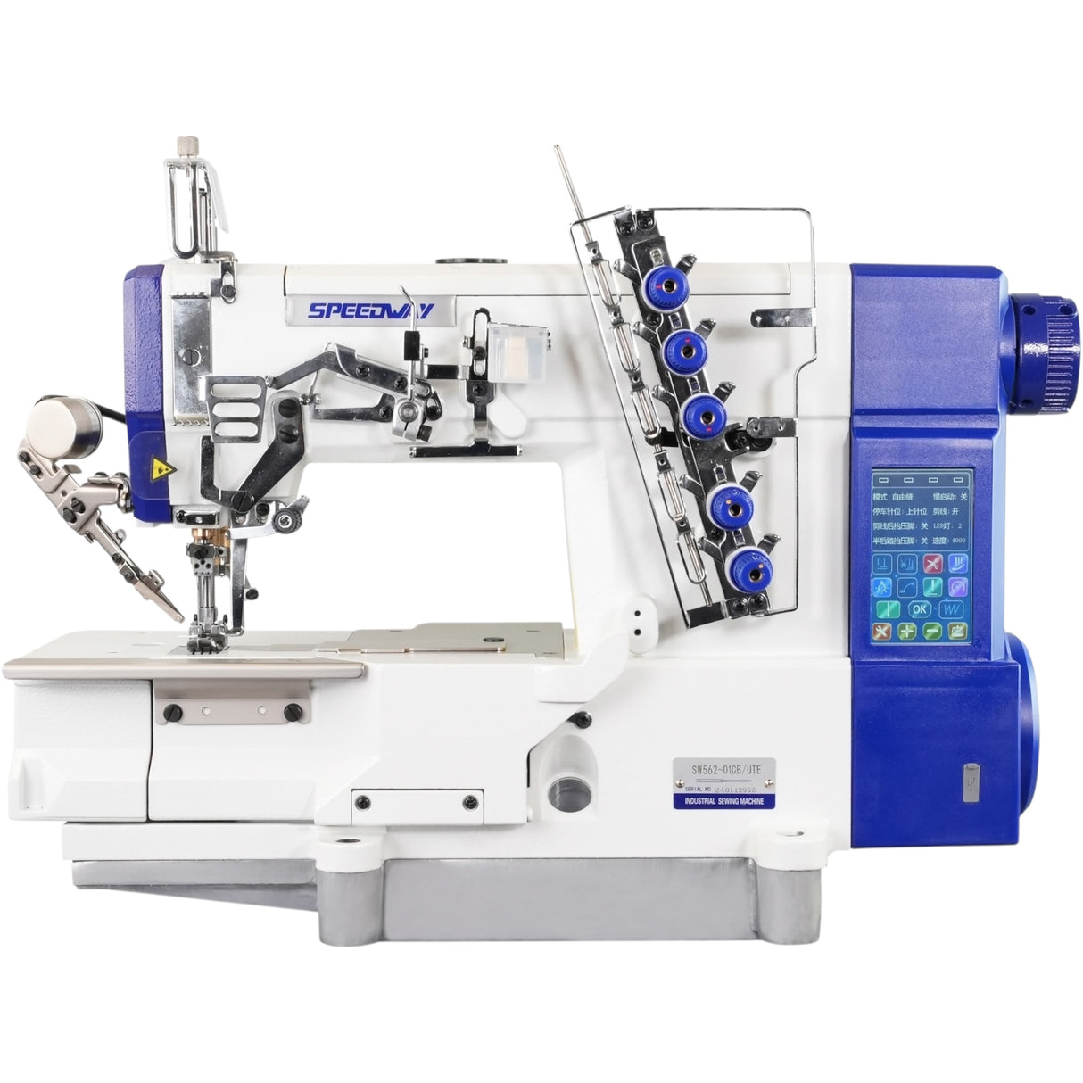 SPEEDWAY SW 562/01CB UTE 3 Needle Flatbed Coverstitch Full Function Industrial Sewing Machine Assembled with Fully Submerged Table and Stand Included With Wheels