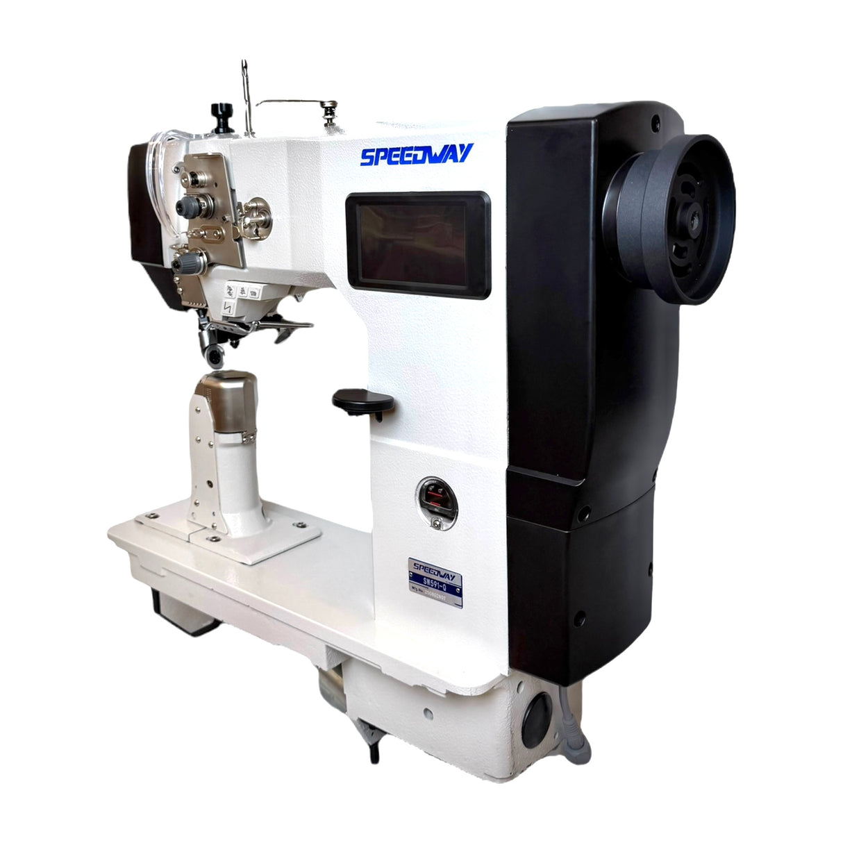 SPEEDWAY SW 591-Q Full Function, Touch Screen Single Needle Post-bed Top, Bottom and Needle Feed Lockstitch Industrial Sewing Machine with Servo Motor, Table and Stand Included
