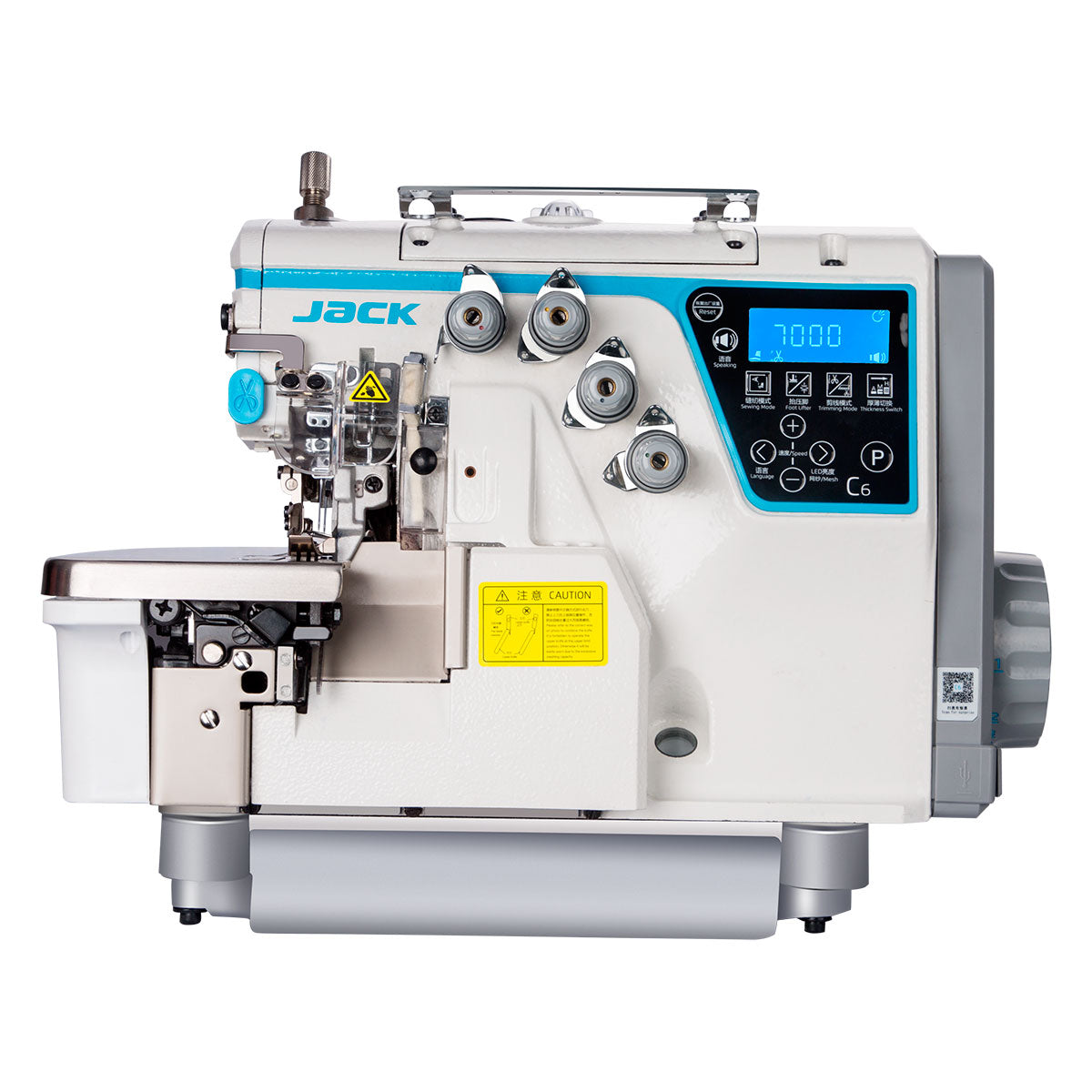 Máquina overlock digital JACK C6-6-M03/333 de 6 hilos con ajuste de espesor totalmente automático, ensamblada con mesa y soporte incluidos 