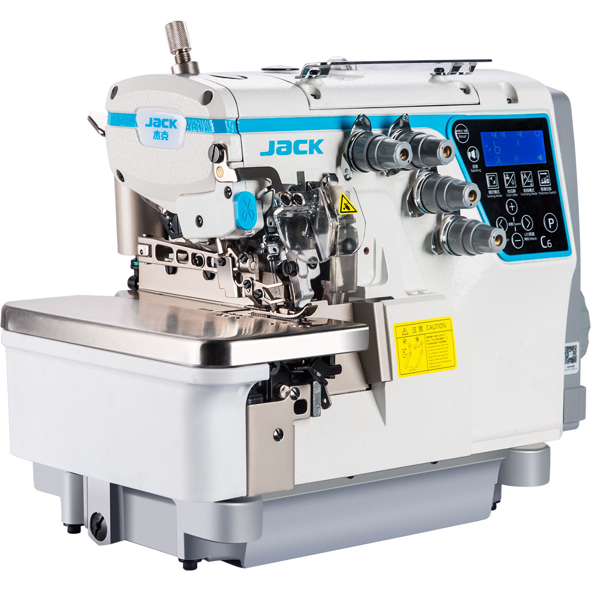 Máquina overlock digital JACK C6-6-M03/333 de 6 hilos con ajuste de espesor totalmente automático, ensamblada con mesa y soporte incluidos 