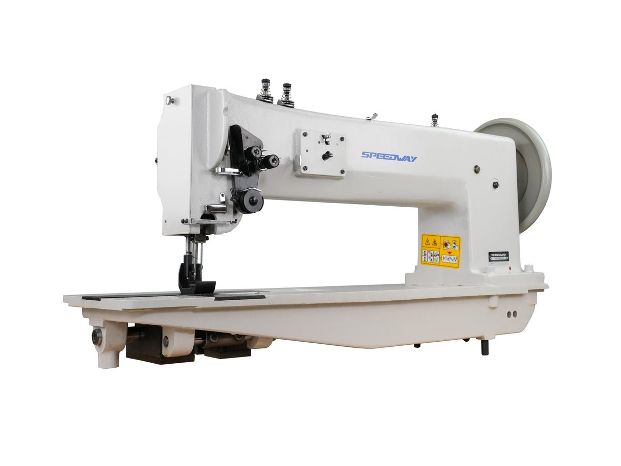 SPEEDWAY SW-28BL-20 — Máquina de dos agujas de brazo largo de 20" para trabajo extra pesado, con pie caminante, garfio japonés y motor servo de 900W, para velas, lonas, cuero y tapicería — Configuración completa, mesa y base incluidas