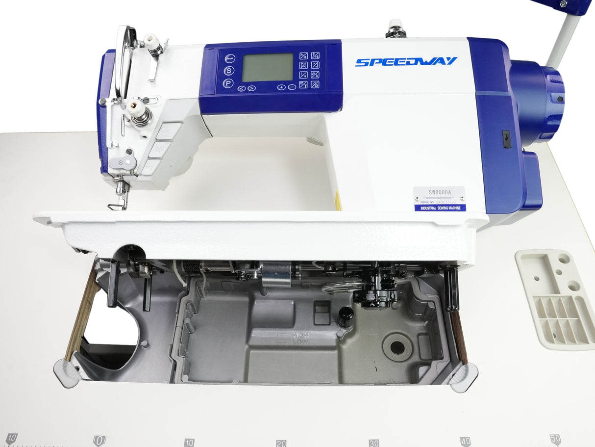 SPEEDWAY SW 8000 A Accionamiento directo de una sola aguja Motor paso a paso totalmente automático Alimentación por caída Pespunte Costura industrial Ensamblado con mesa y soporte con ruedas
