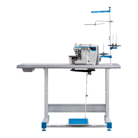 JACK E5-3-32R2/223 — Máquina overlock industrial nueva generación de 3 hilos con transmisión directa y dobladillo enrollado (estilo Baby Merrow), ensamblada lista para usar con mesa y base incluidas