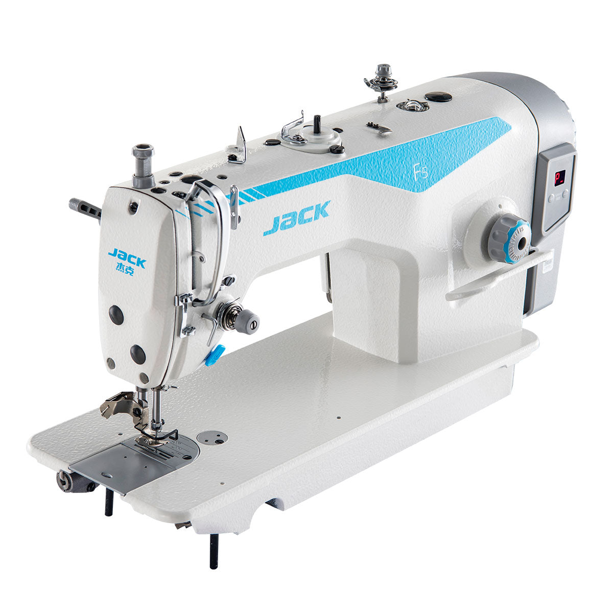 Máquina de coser industrial de puntada de cadeneta con accionamiento directo y gancho de una sola aguja JACK F5-HL-7, ensamblada con mesa y soporte incluidos 