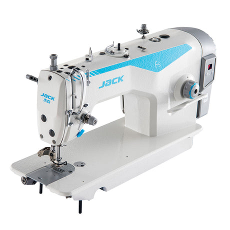 Máquina de coser industrial JACK F5 de aguja única con accionamiento directo y pespunte, ensamblada con mesa y soporte incluidos