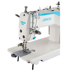 Máquina de coser industrial JACK F5 de aguja única con accionamiento directo y pespunte, ensamblada con mesa y soporte incluidos