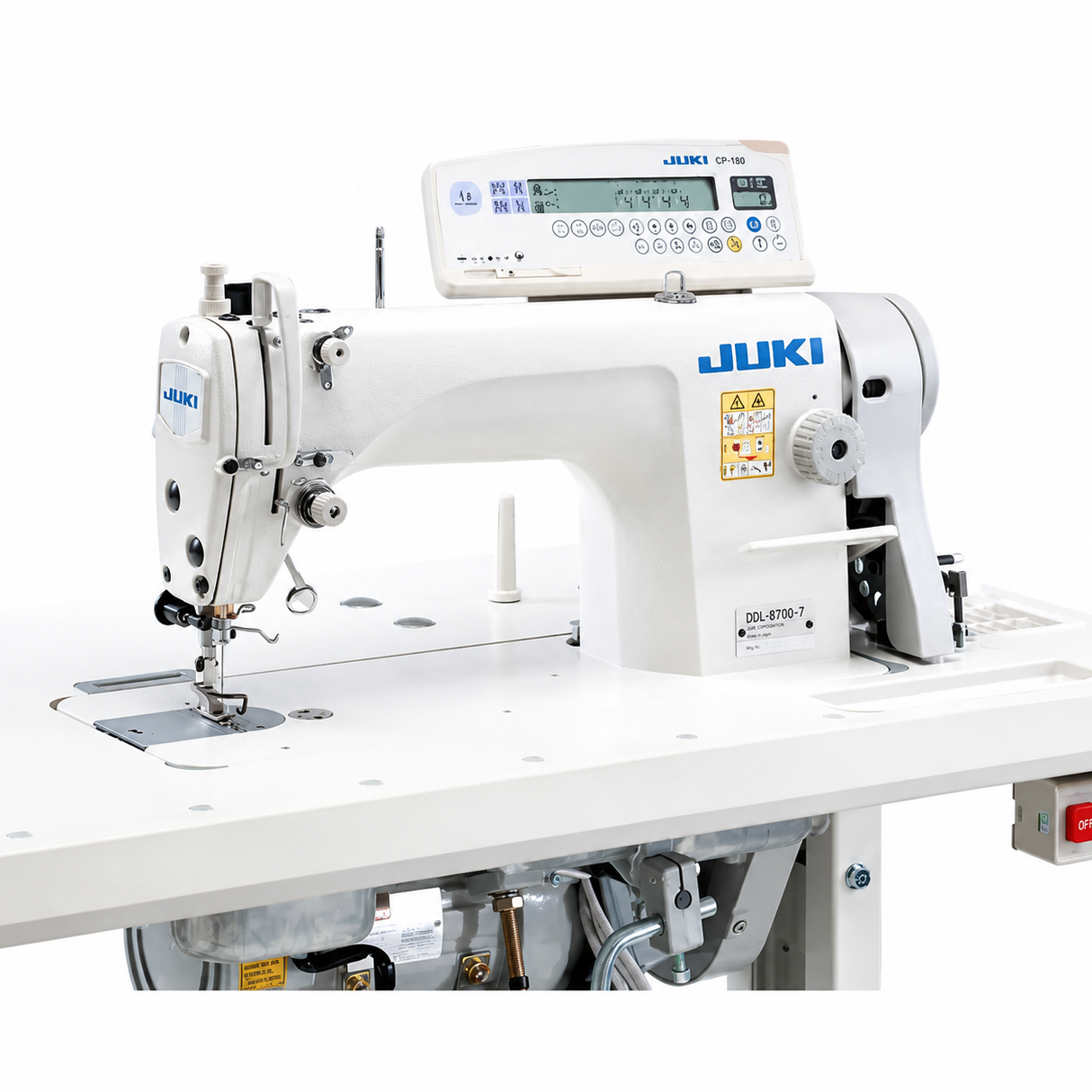 JUKI DDL-8700-7 Single Needle Lockstitch Industrial Sewing Machine with Automatic Thread Trimmer, AK-85 Automatic Foot Lifter & CP-180A Programmable Control Panel — SC-920C Control Box, Compact M92 Servo Motor — Complete Setup, Table & Stand Included