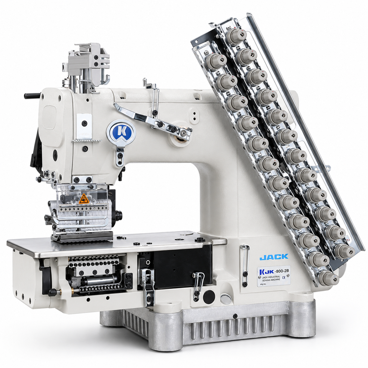 JACK JK-8009VCDI-12064P — Máquina chainstitch industrial multi-aguja de 12 agujas con calibre 6.4mm, transmisión directa, puller y cortahílos automático, ensamblada lista para usar con mesa y base incluidas