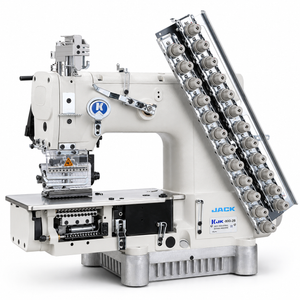 JACK JK-8009VCDI-12064P — Máquina chainstitch industrial multi-aguja de 12 agujas con calibre 6.4mm, transmisión directa, puller y cortahílos automático, ensamblada lista para usar con mesa y base incluidas