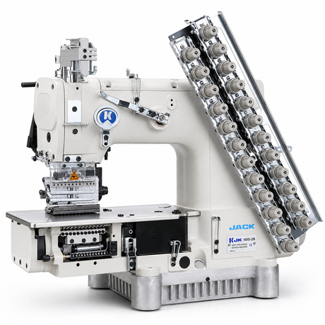 JACK JK-8009VCDI-12064P — Máquina chainstitch industrial multi-aguja de 12 agujas con calibre 6.4mm, transmisión directa, puller y cortahílos automático, ensamblada lista para usar con mesa y base incluidas