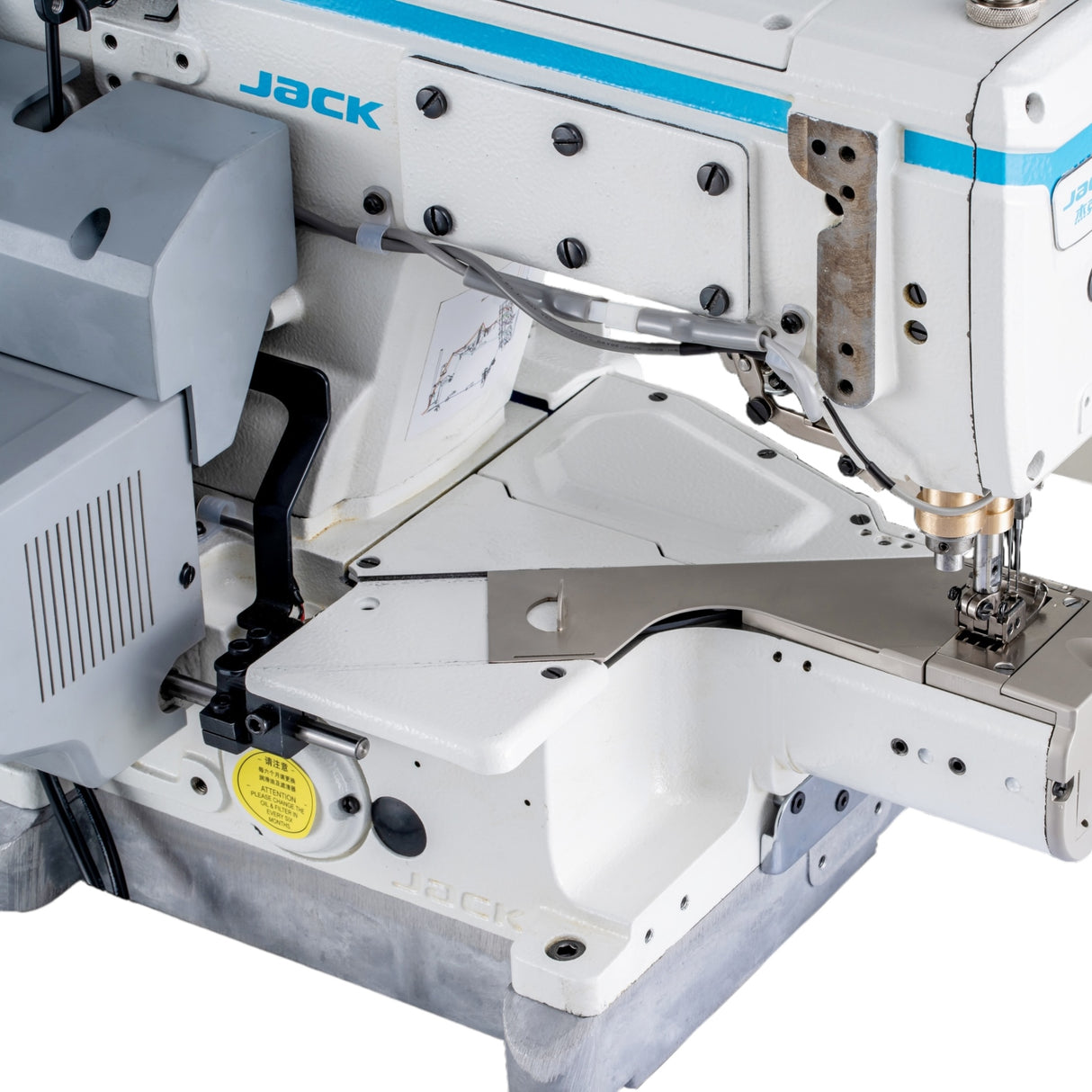 JACK K7-UT-01GBX364 (AI Smart Interlock) Cylinder Bed Intelligent Fabric Adaptation High-Speed Direct Drive 3 Needle Coverstitch with Automatic Thread Trimmer, Presser Foot Lift Complete Assembled with Table and Stand Included