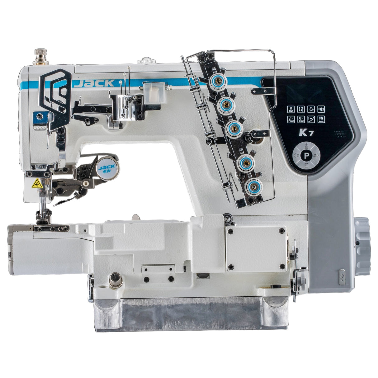 JACK K7-UT-01GBX364 (AI Smart Interlock) Cylinder Bed Intelligent Fabric Adaptation High-Speed Direct Drive 3 Needle Coverstitch with Automatic Thread Trimmer, Presser Foot Lift Complete Assembled with Table and Stand Included