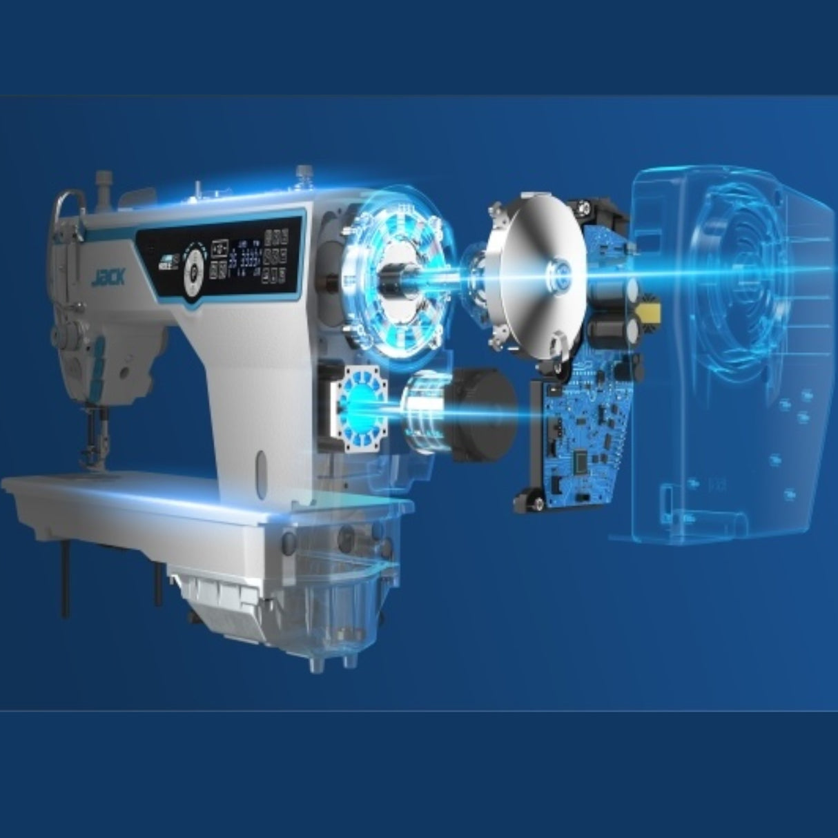 JACK A5E-B (A.M.H 2) Sewing machine with a transparent casing showing internal components on a blue background