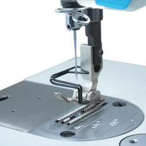 Close-up of a JACK A5E-B (A.M.H 2) sewing machine needle and presser foot on a white background