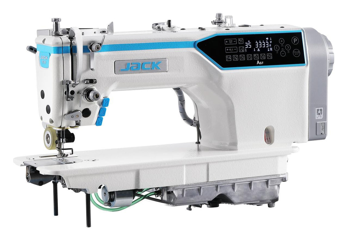 JACK A6F-E-Q-PK Single Needle. Sewing machine with blue accents on a white background