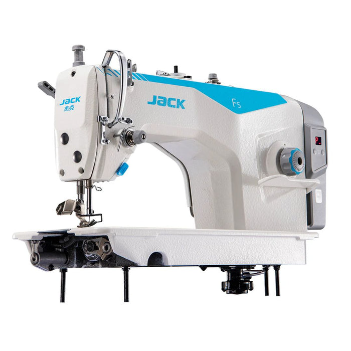 JACK F5 Single Needle White sewing machine with blue accents on a white background