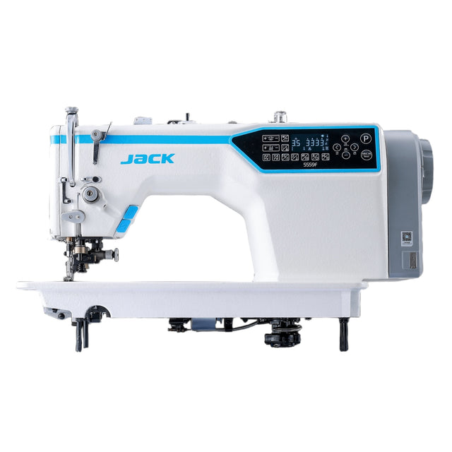 JACK JK-5559F-W Single Needle. Sewing machine with blue accents on a white background