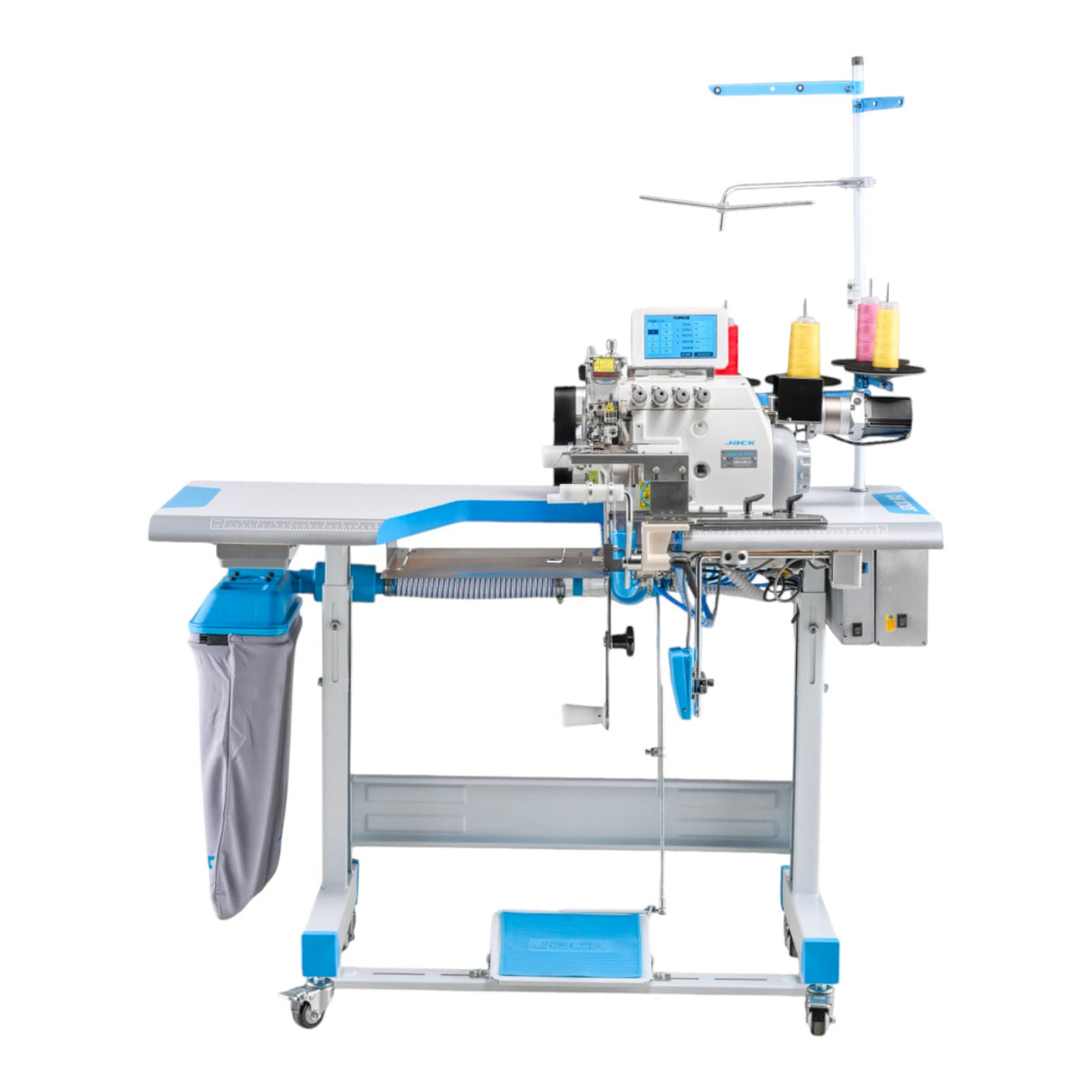 JACK JK-797TDI-4-514-M03/333/KS/FR09E — Sistema overlock automático para pegado de cuellos de camiseta con fotocélula, touchscreen y succión por vacío, configuración completa, se envía ensamblada