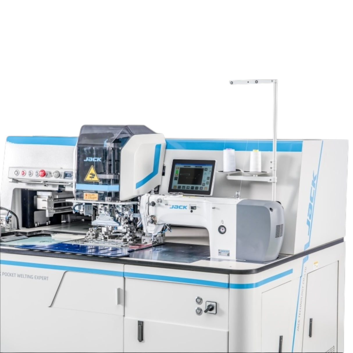 JACK J6 Programmable Automatic Pocket Welting Machine – Straight/Oblique, Single or Double Welt (with/without Flap), 120W Laser Cutting, Bottom Thread Detection, Up to 3,000 SPM – Complete with Table and Stand