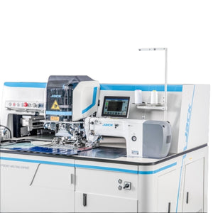 JACK J6 Programmable Automatic Pocket Welting Machine – Straight/Oblique, Single or Double Welt (with/without Flap), 120W Laser Cutting, Bottom Thread Detection, Up to 3,000 SPM – Complete with Table and Stand