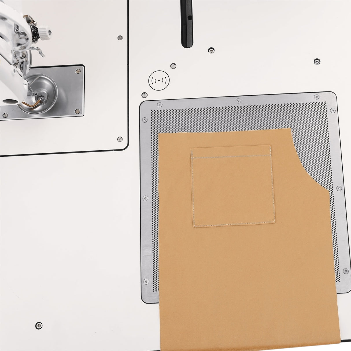 JACK M5+-F11AF13F25-X Large Field 800×350mm Computerized In-line Template Sewing Machine with Hidden Laser Cutting, Bottom Thread Detection, Suction System, Double Capacity Hook, Direct Drive, Complete with Table and Stand