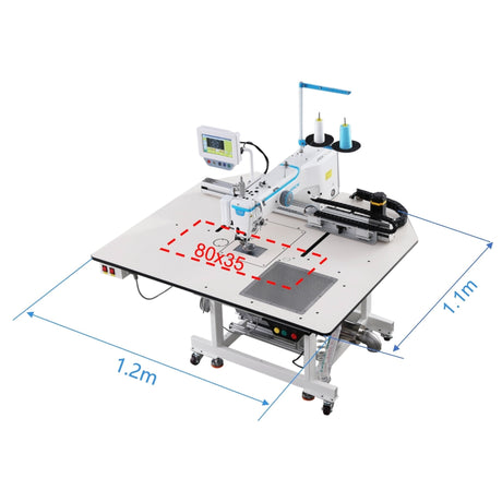JACK M5+-F11AF13F25-X Large Field 800×350mm Computerized In-line Template Sewing Machine with Hidden Laser Cutting, Bottom Thread Detection, Suction System, Double Capacity Hook, Direct Drive, Complete with Table and Stand