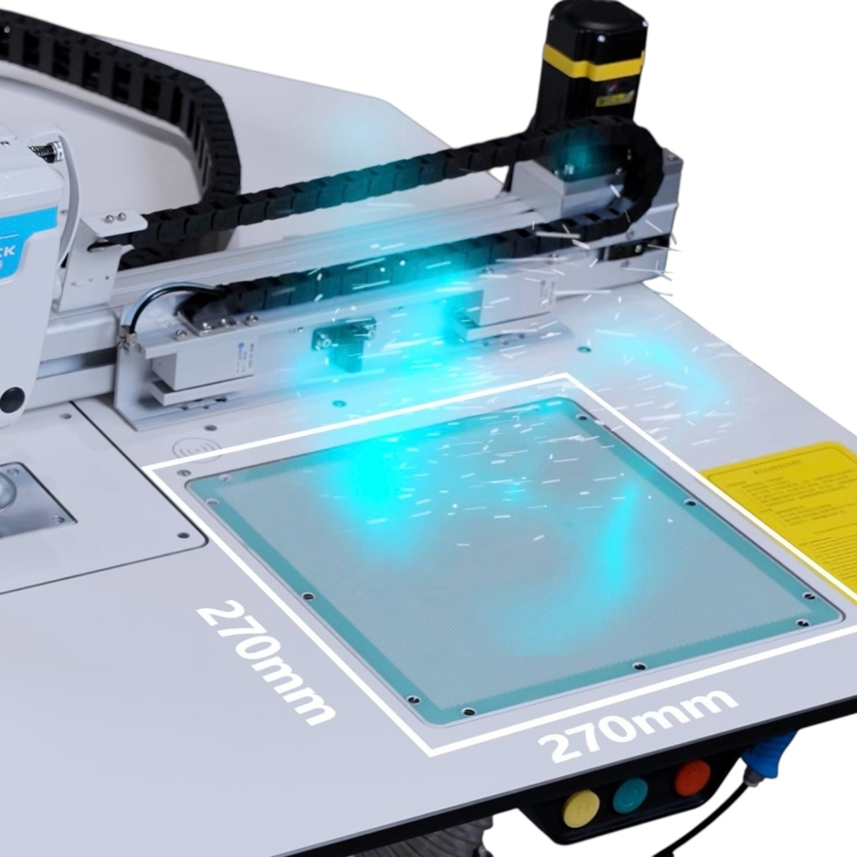 JACK M5+-F11AF13F25-X Large Field 800×350mm Computerized In-line Template Sewing Machine with Hidden Laser Cutting, Bottom Thread Detection, Suction System, Double Capacity Hook, Direct Drive, Complete with Table and Stand