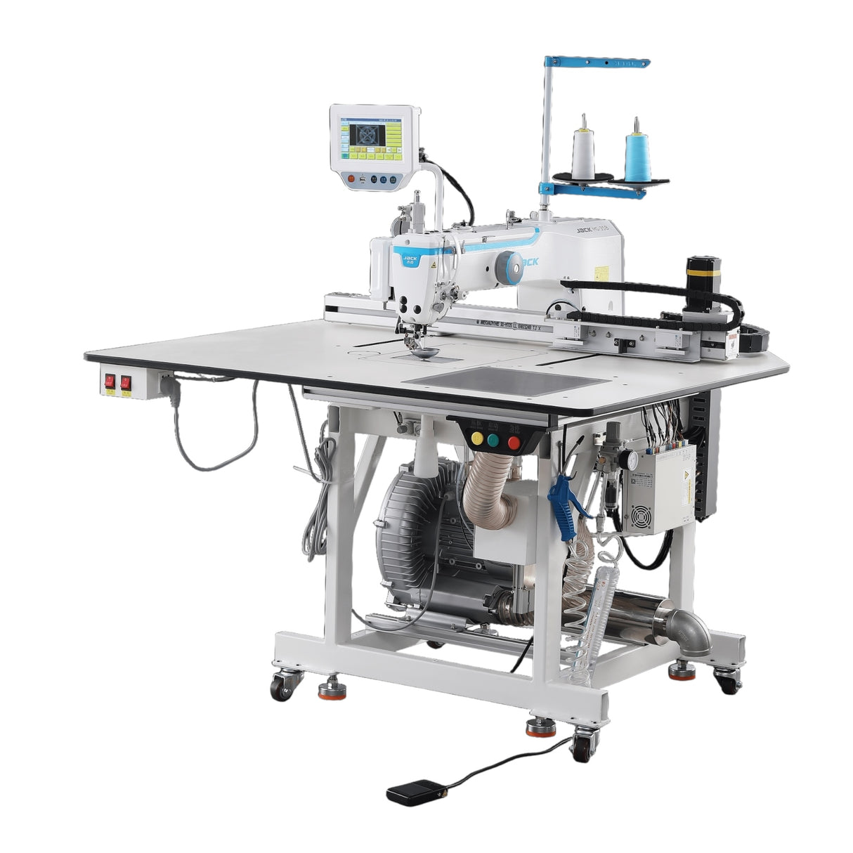 JACK M5+-F11AF13F25-X Large Field 800×350mm Computerized In-line Template Sewing Machine with Hidden Laser Cutting, Bottom Thread Detection, Suction System, Double Capacity Hook, Direct Drive, Complete with Table and Stand