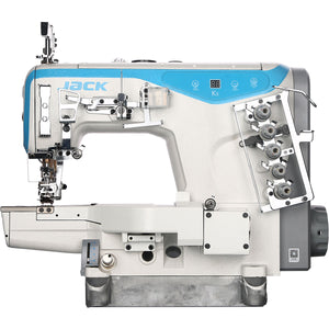 JACK K5-D-01GB×364 Máquina de coser industrial con brazo cilíndrico de 3 agujas, ensamblada con mesa y soporte incluidos