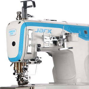 JACK K5-D-01GB×364 Máquina de coser industrial con brazo cilíndrico de 3 agujas, ensamblada con mesa y soporte incluidos