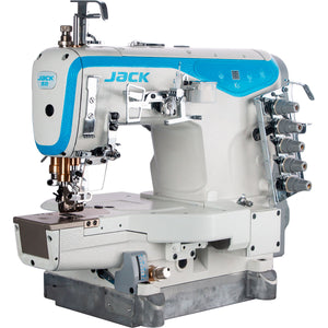 JACK K5-D-01GB×364 Máquina de coser industrial con brazo cilíndrico de 3 agujas, ensamblada con mesa y soporte incluidos