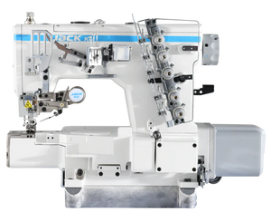 JACK K6-A-UT-35ACx364 Computerized Direct Drive Three Needle Top and Bottom Cylinder-Bed Coverstitch with Left Hand Knife, Thread Trimmer and Vacuum Assembled with Table and Stand