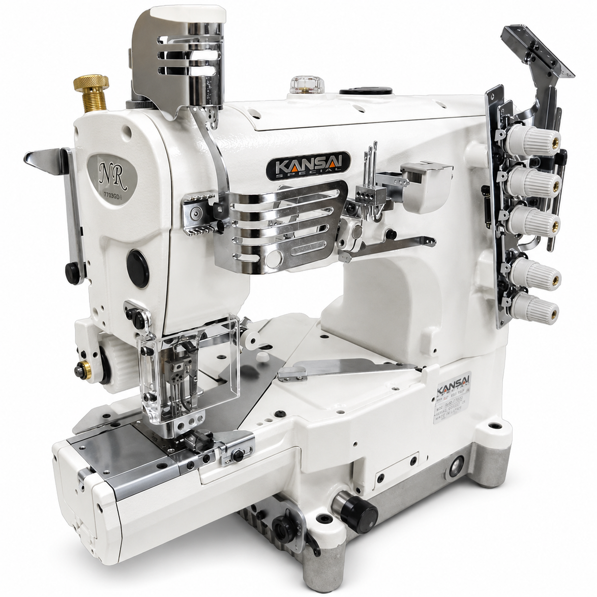 KANSAI SPECIAL NR-9803GP 3-Needle 5-Thread 1/4" Gauge Cylinder Bed Coverstitch Industrial Sewing Machine with Puller for Elastic Attaching on Knitwear - Complete Setup, Table, Stand Included